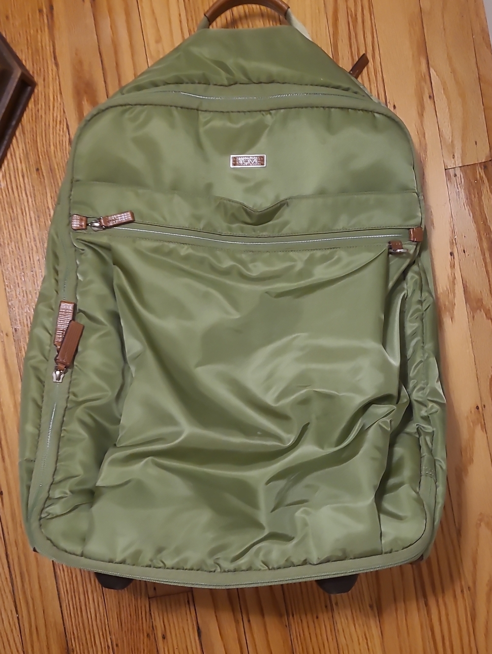 Tumi Olive Green Nylon Backpack with Brown Accents